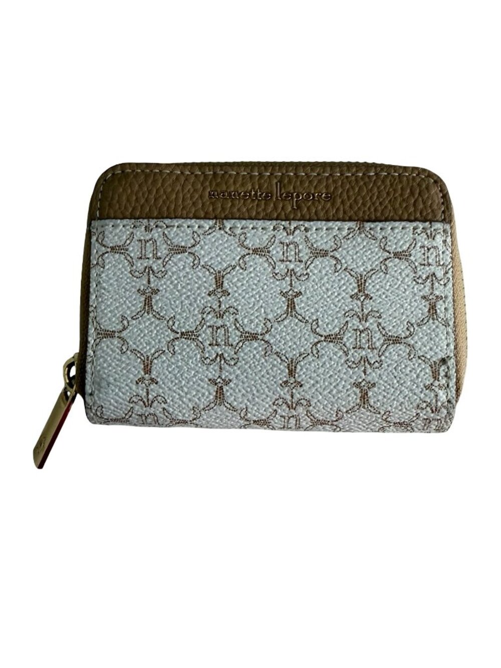 Nanette Lepore Monogram Zip Around Accordion Card Holder Wallet Cream Taupe